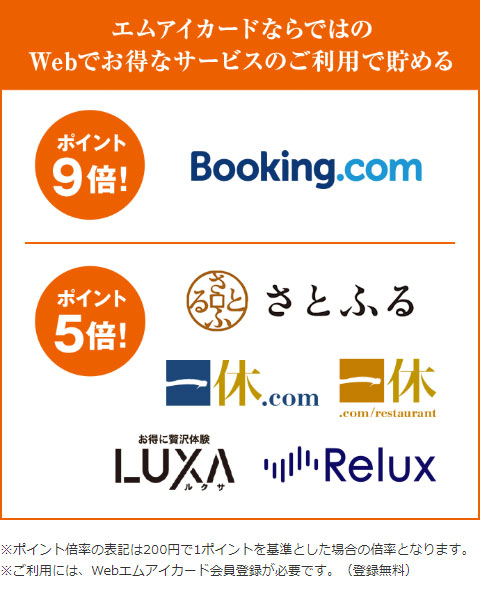 エムアイカード｜Booking.comでポイント９倍！（カード利用200円で9ポイント）／さとふる、一休.comなどでポイント５倍！（カード利用200円で5ポイント）